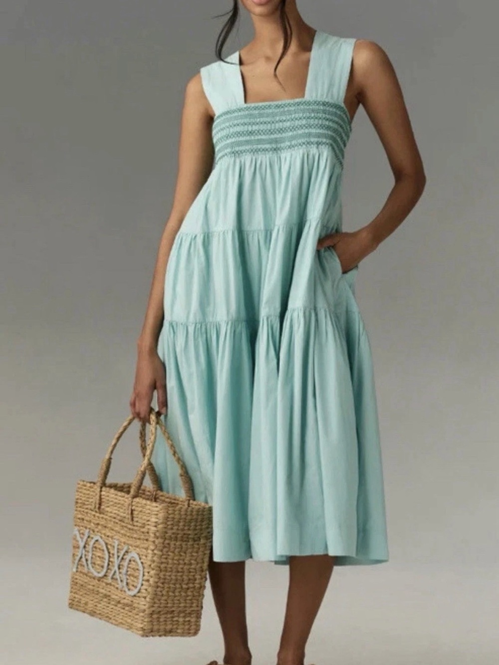 Free People Mint Smocked Square-Neck Midi Dress